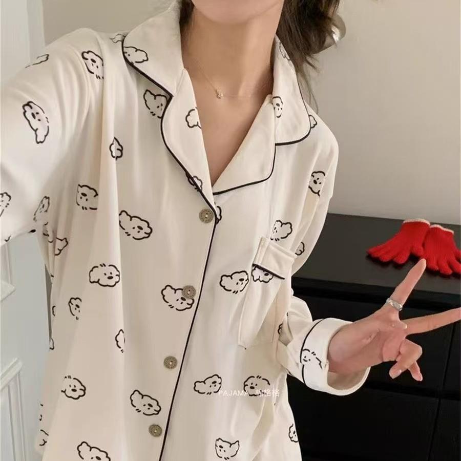 Cloud Cotton Women's Autumn Pajama Set: Long Sleeve, Long Pants, Cute & Casual Homewear, Wearable Outdoors