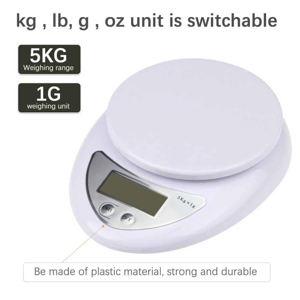 5KG/1g Digital Kitchen Food Scale for Cooking Barking Grams Ounces Pound Kilogram Units Switchable 120s Shutdown Automatically