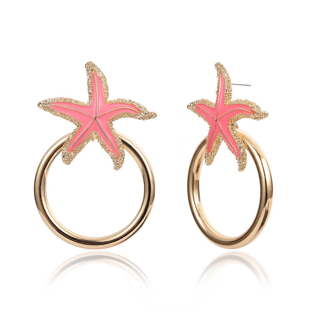 Women Simple Retro Geometric Starfish Ring Shape Earrings