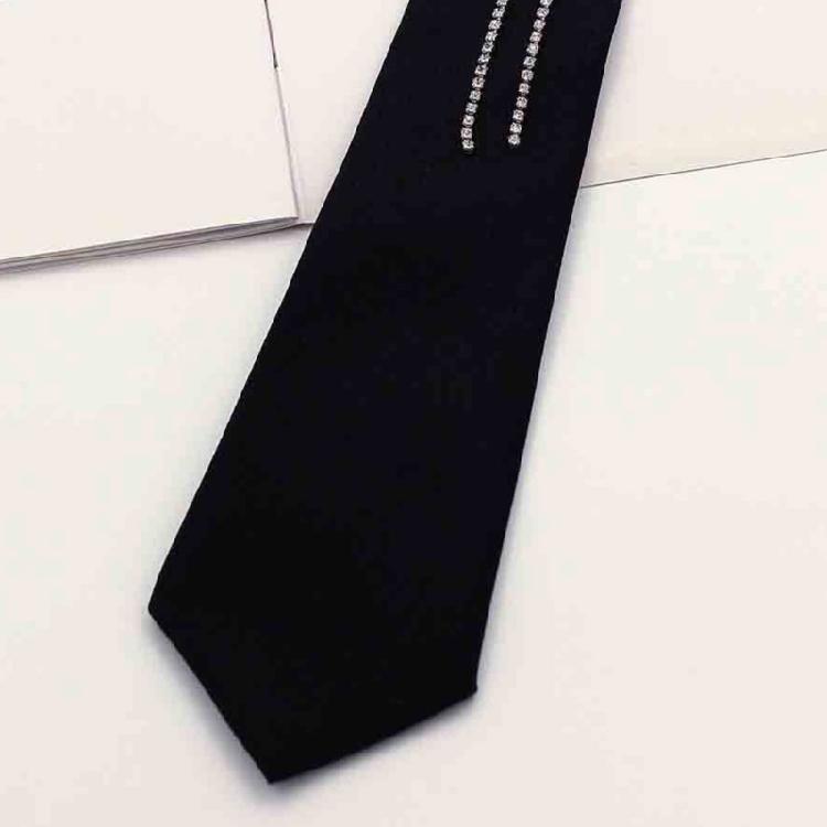 Rhinestones Embellished Necktie for Women Men Student Elegant Pre Tied Adjustable Black Ties for Uniform School Shirt