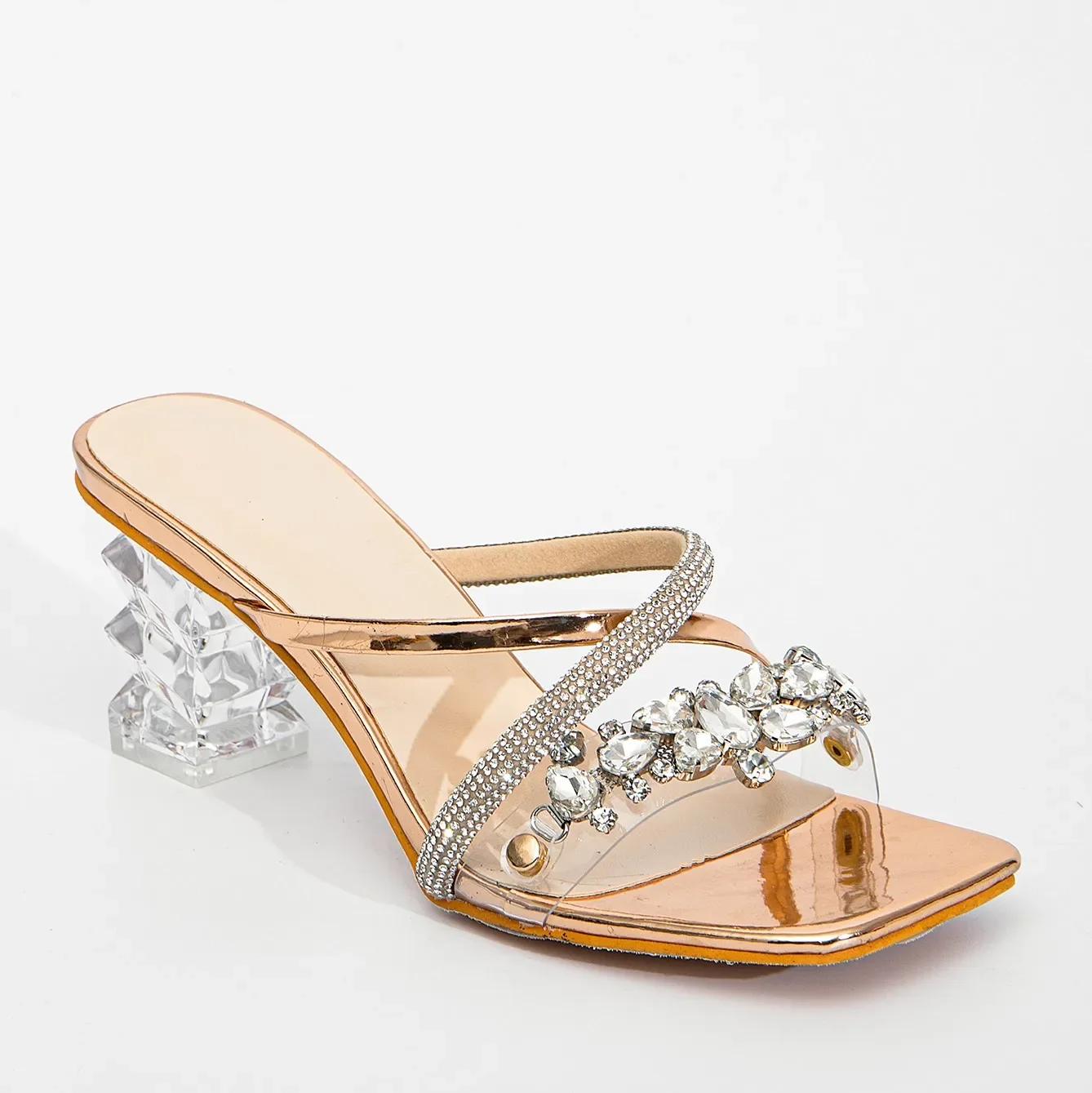 

Летние женские тапочки, модные, роскошные, свадебные, невесты, золотые, ПВХ, стразы, кристаллы, высокие каблуки, банкетные туфли 35