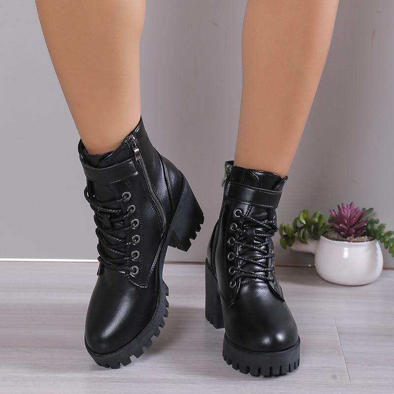 Winter Fashion Comfortable Elegant Square with Women's Shoes Side Zipper Round Head Solid Color Simple Thick Heel Boots