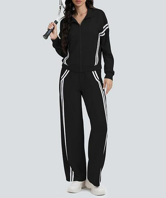 Jesienno-zimowy damski dres typu color block: Dwuczęściowy zestaw kurtki zapinanej na zamek i spodni z szerokimi nogawkami do noszenia na co dzień.