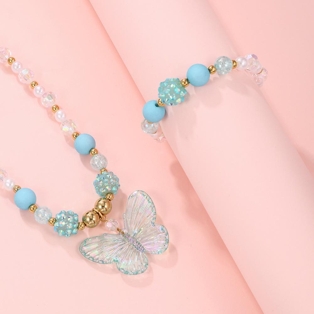 New Girl's Collarbone Necklace Princess Zircon Color Crystal Zircon Butterfly Children's Necklace Bracelet suit