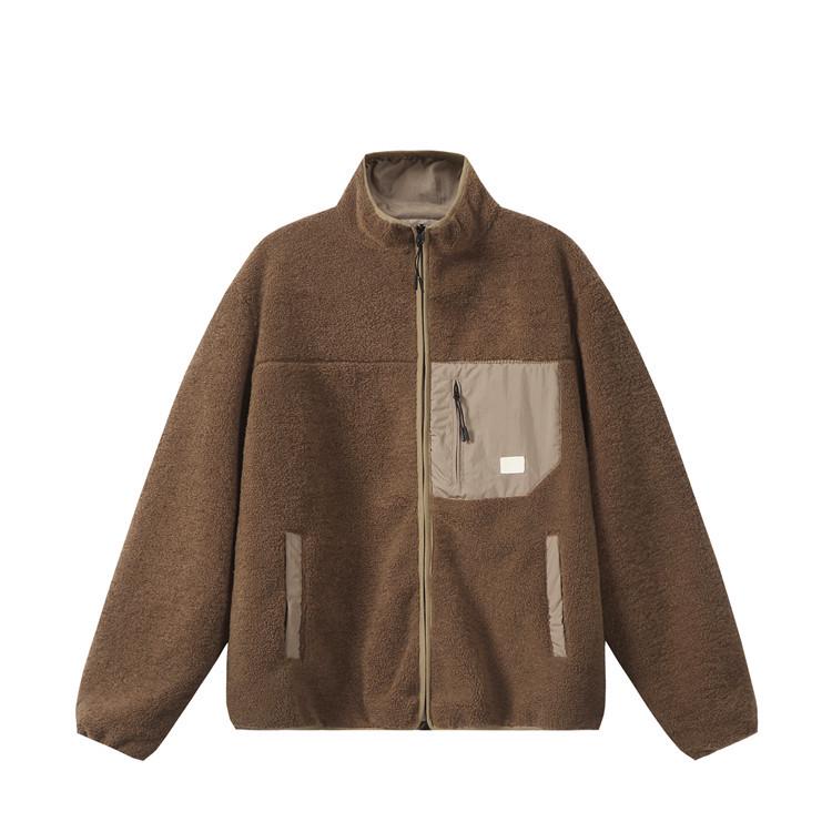 QIYOU Podzim 2025 Unisex Retro Patchworková bunda z jehněčí vlny se stojáčkem