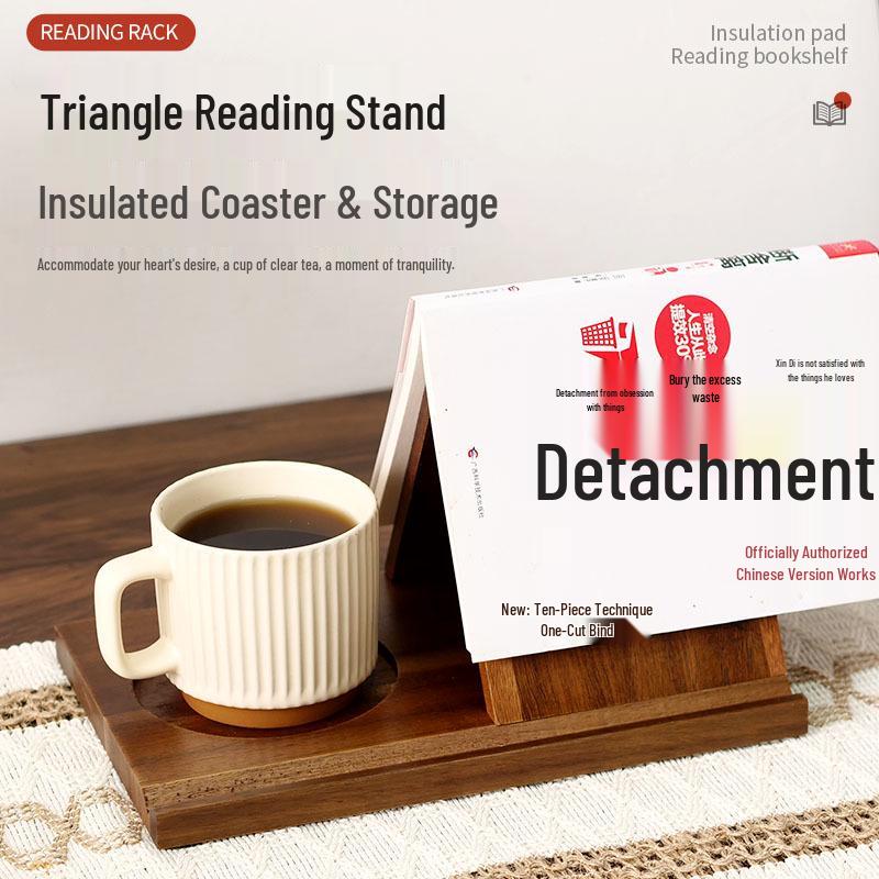 Acacia Wood Triangle Bookshelf & Coaster - Multifunctional Solid Wood Bookshelf for Bedroom or Kitchen with Recipe Rack & Bookmark Holder.
