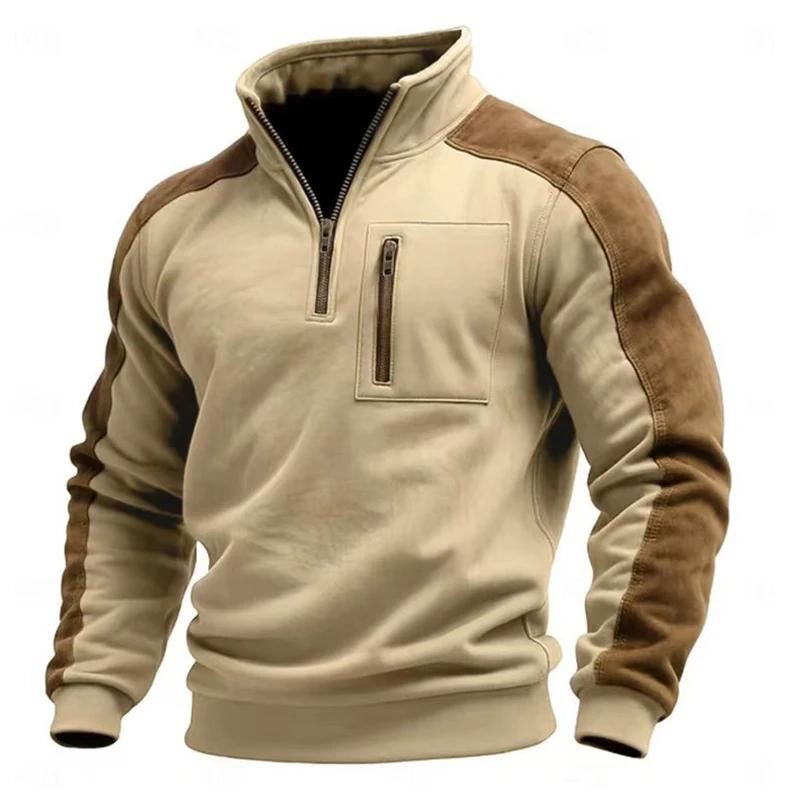 Fall Winter Outdoor Casual Sweatshirt Men Fashion Suede Long Sleeve Patchwork Hoodie Top Mens Vintage Zipper Stand Collar Pullovers