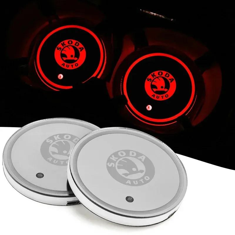 2PC LED Illuminated Car Water Cup Coaster Auto Interior Atmosphere Light Coaster for Skoda MissionL Afriq Kamio Fabia Octavia