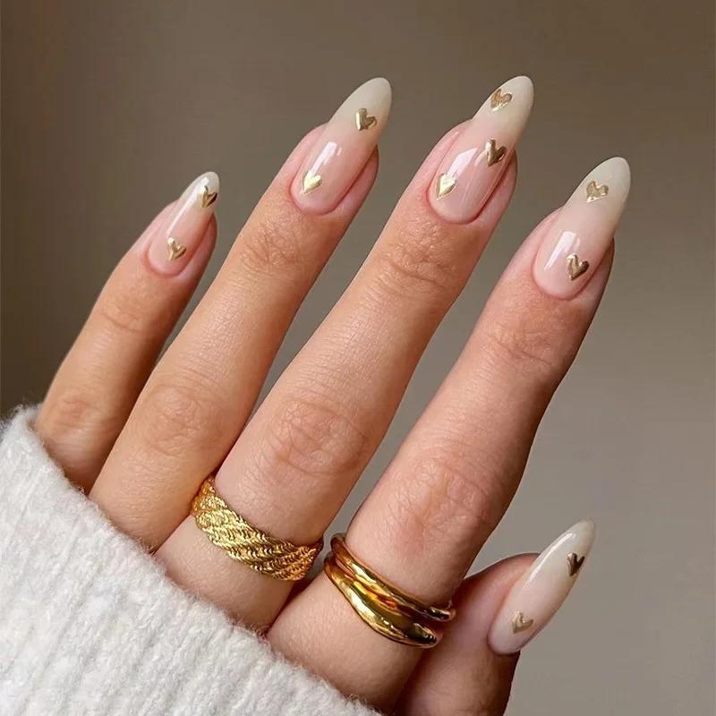24Pcs Almond Long French Fake Nails Pointed Glossy White Edge Artificial Acrylic Press On Nails Removable Nail Art Tips