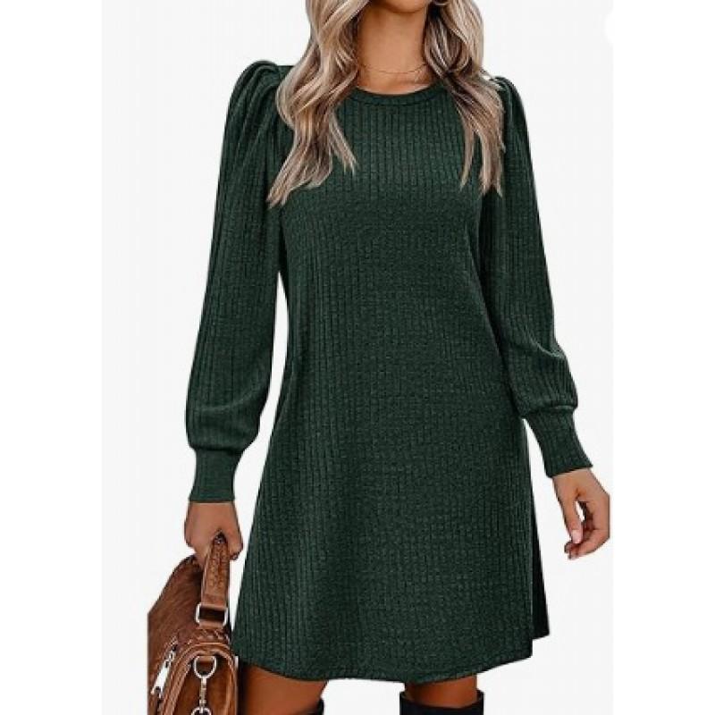 Womens Knit Midi Dress With Puff Sleeves Loose Fit Round Neck Casual A-Line Pocket