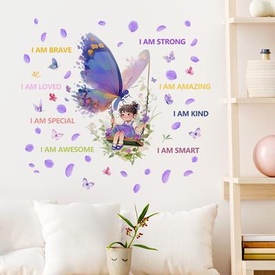 WZ9030 Cartoon Kleines Mädchen Schaukel Schmetterling Englisch Slogan Schlafzimmer Verschönern Dekorative Wand Aufkleber Selbst-adhesive