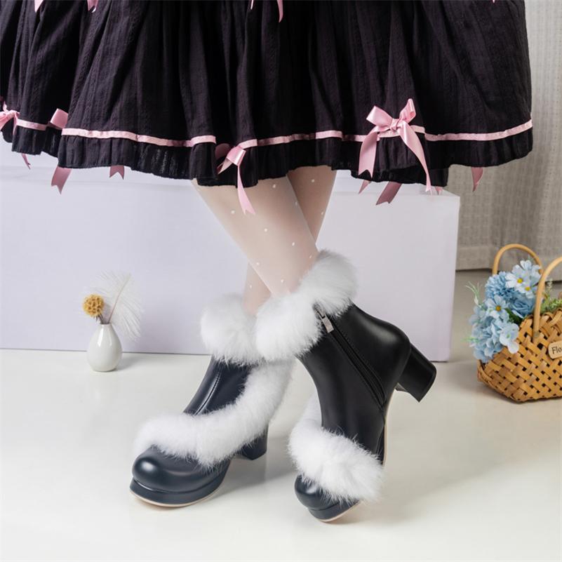 FOREADA Women Kawaii Ankle Boots Round Toe Thick Mid Heels Zipper Cosplay Lolita Short Boots Ladies Fashion Shoes Winter White 46
