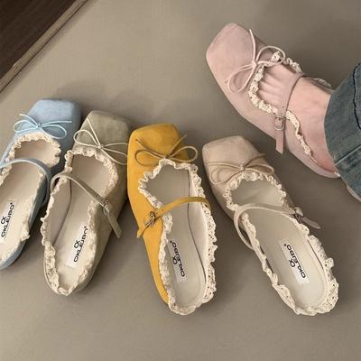 Evening Women's Shoes Gentle Flat French Mary Jane Half Slippers Bow Single Shoes Spring and Summer Retro Blue Ballet Shoes