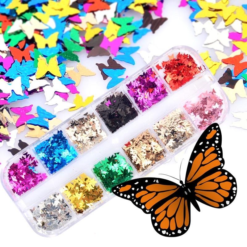 12 Styles Butterfly Shape Nail Flakes Paillette 3D Laser Glitter Bow Tie Sequin DIY Nail Art Decorations