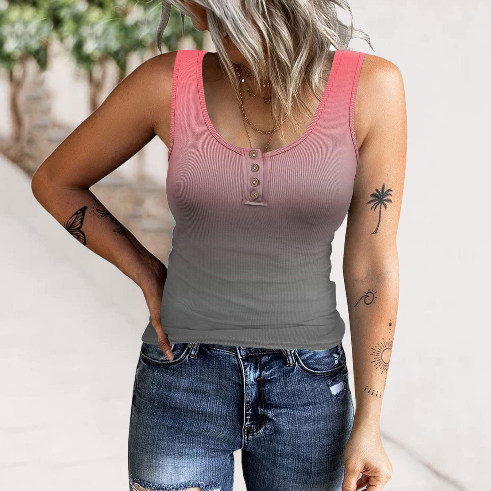 

Women s Fashion Summer Color-blocking Gradient Tie- Button Sleeveless Loose Tank Tops M красный