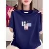 Women's Black Short-Sleeve Summer T-Shirt - Loose Fit, Slimming, Letter Print, Age-Reducing
