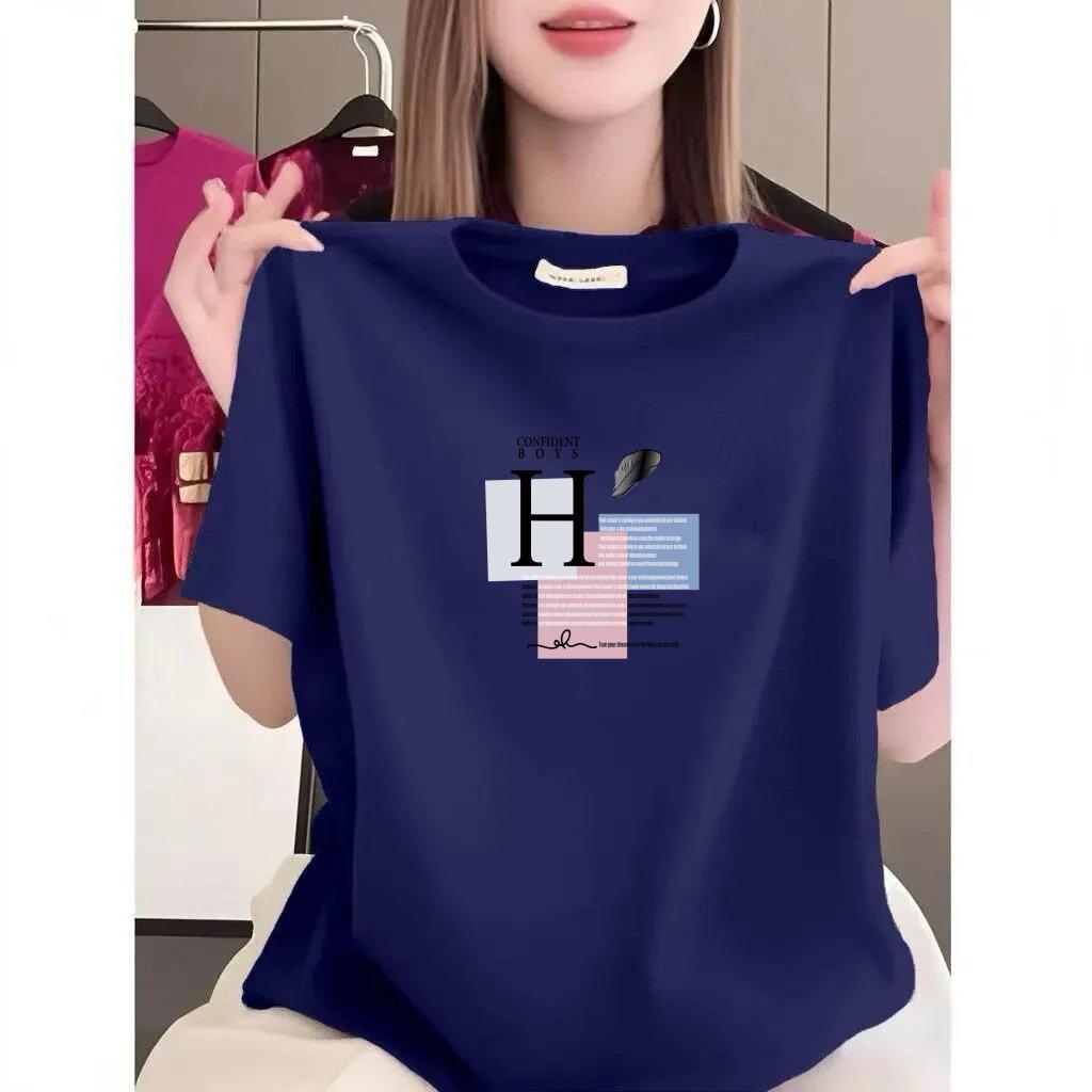 Women's Black Short-Sleeve Summer T-Shirt - Loose Fit, Slimming, Letter Print, Age-Reducing
