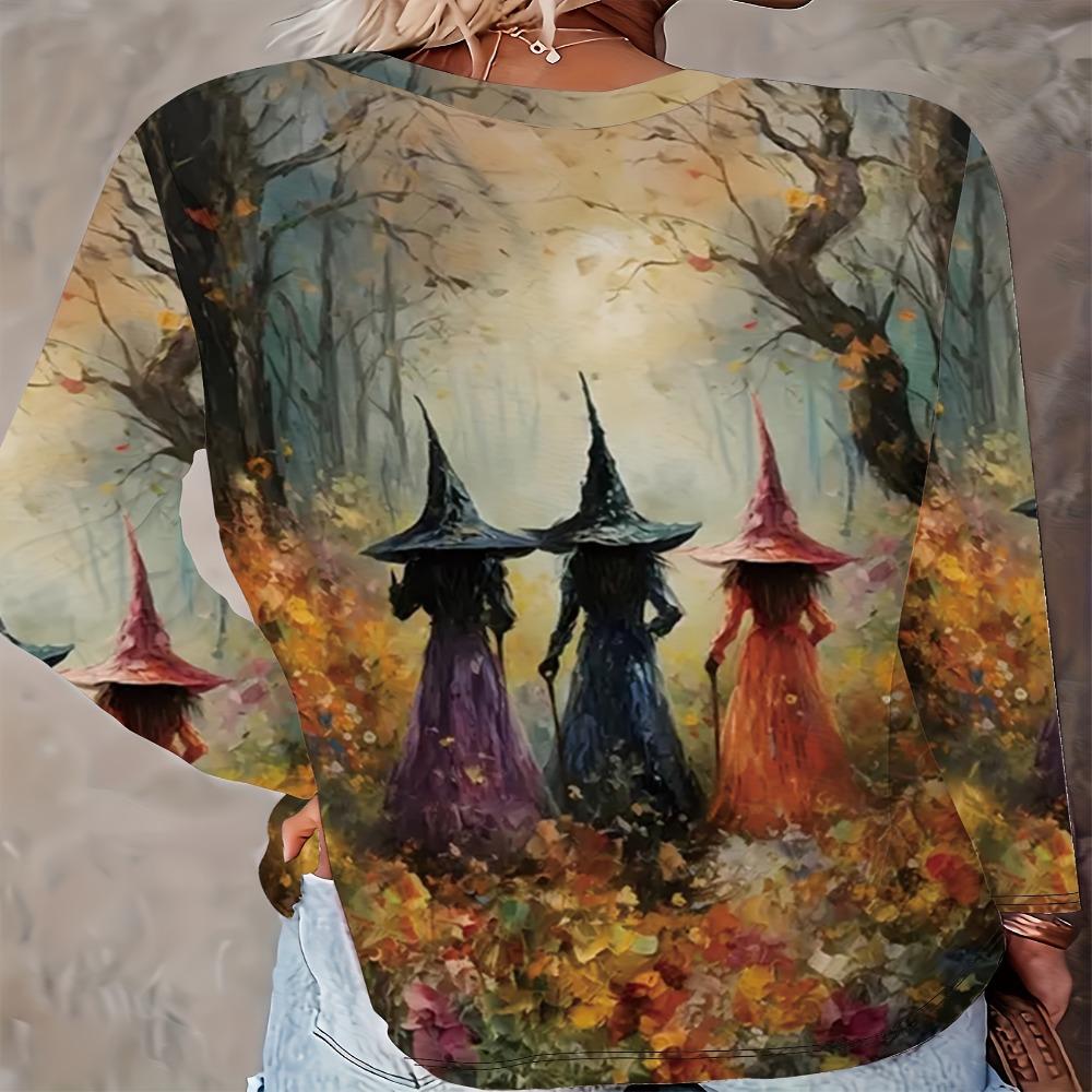 Women'S Clothing, Casual Random Witch Print, Round Neck Long Sleeve Loose Top Base Layer Long Sleeve T-Shirt