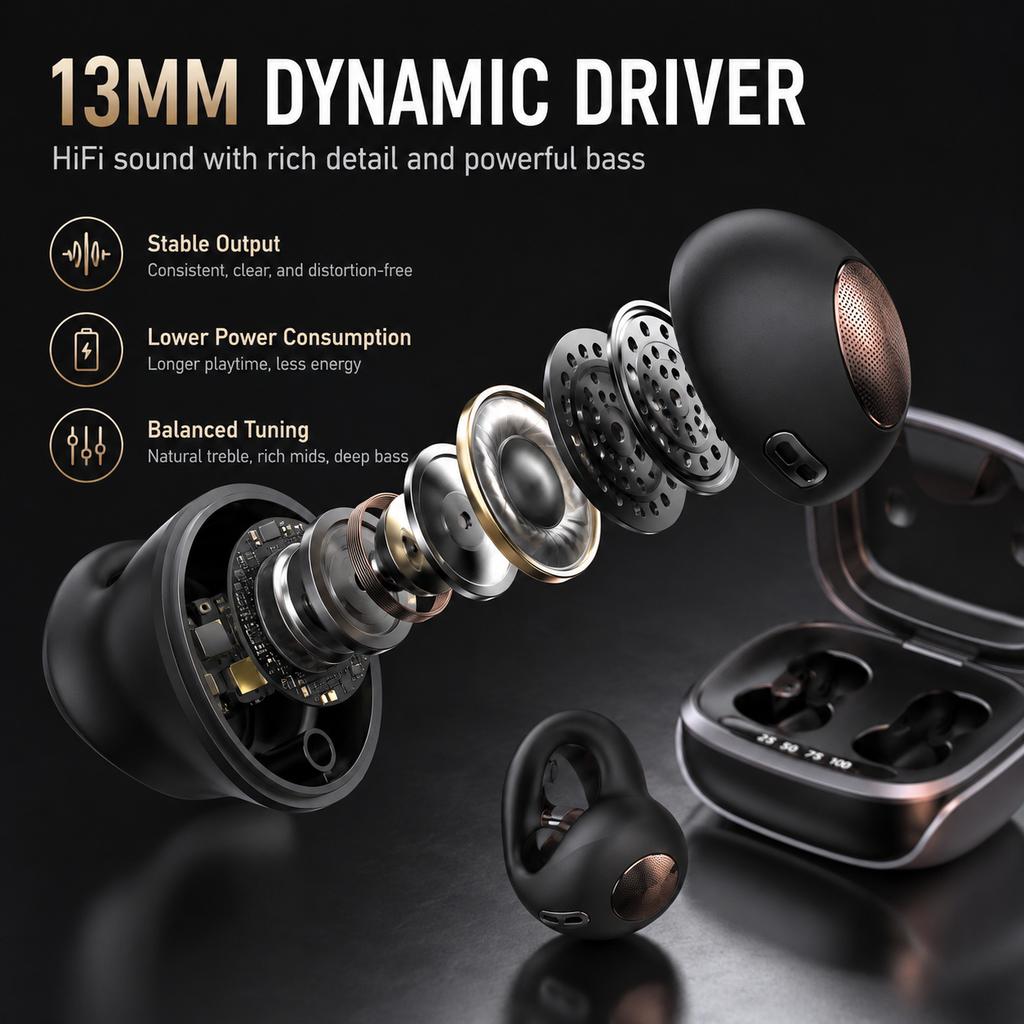 Air Conduction Clip-On Headphones Bluetooth 5.3 Earphones with 36H Playtime LED Display CVC8.0 Calls Touch Control Type-C IPX6