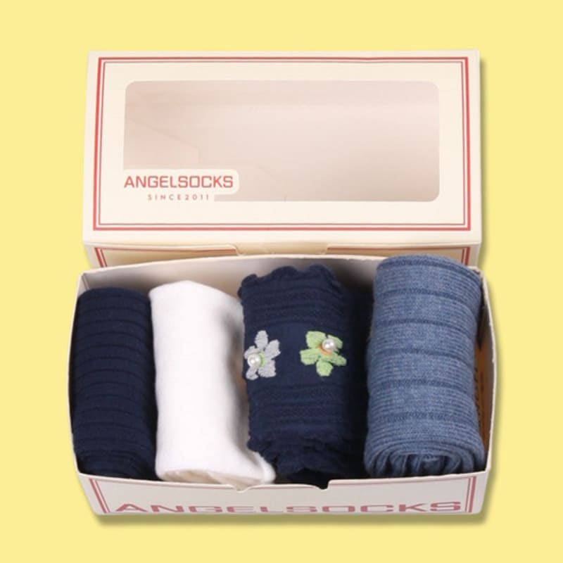 ANGEL SOCKS SET004 - Navy Green Two-Tone Green Brown Women's Gift Socks Gift Return Gift Brand Pretty Flower Socks Coordination Student