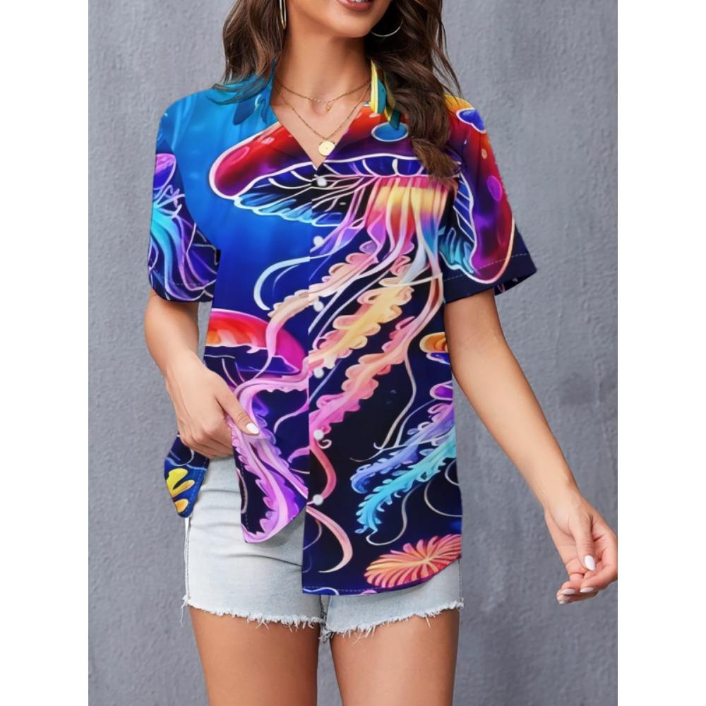 Simple and personalized print women's summer collar short sleeved shirt, fashionable daily versatile top