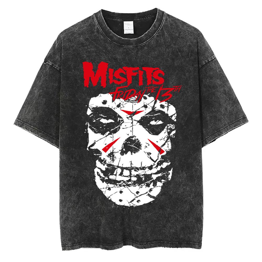 Постиранная винтажная футболка хардкор-панк группы Misfits с графикой ужасов и скелета, мужская и женская мода, футболки оверсайз M