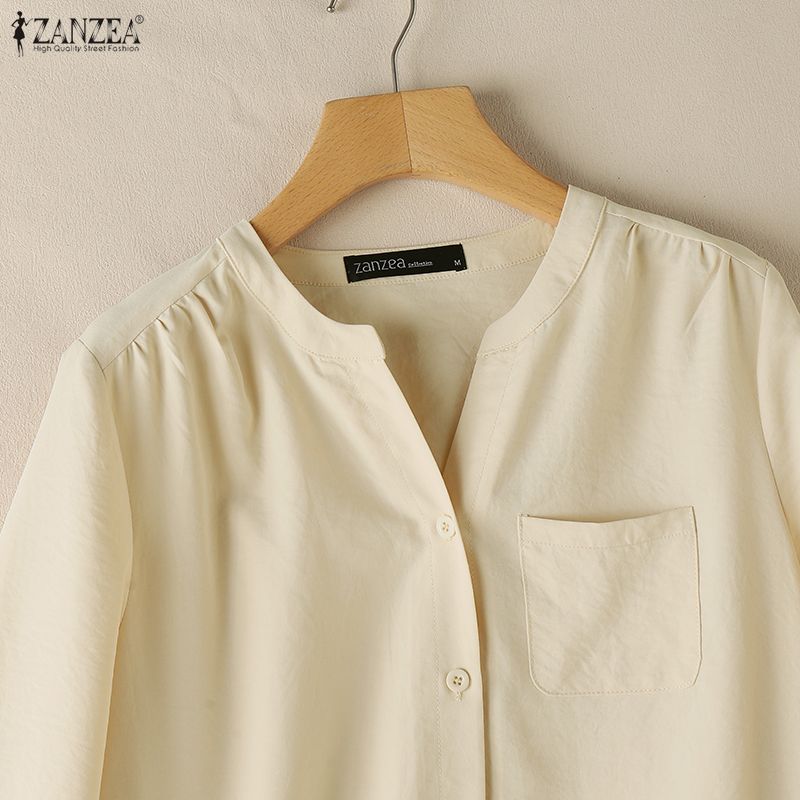 ZANZEA Women Casual V-Neck Solid Color Loose 3/4 Sleeve Blouse