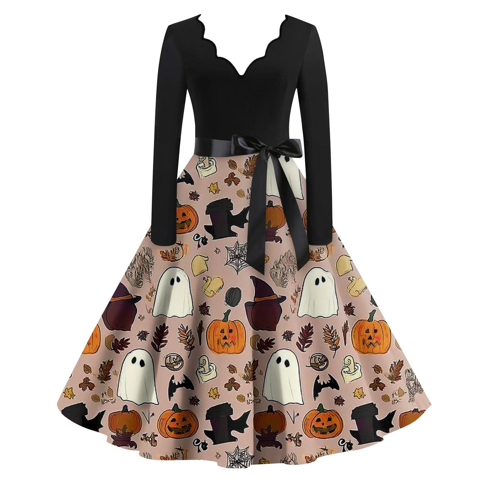 

Женские модные платья с волнистым краем, V-образным вырезом, повседневные, облегающие, с принтом на Хэллоуин, с длинным рукавом XXL