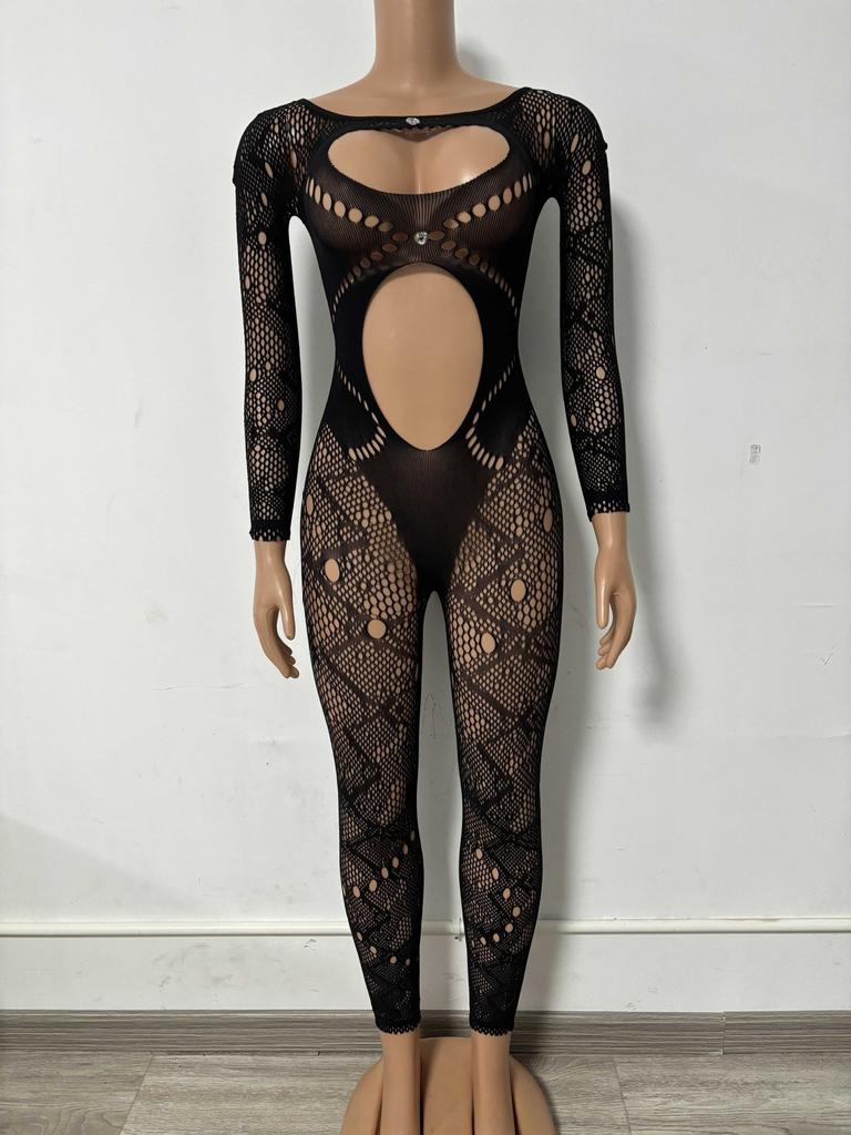 Benqian erotyczna bielizna gładka dekolt okrągły koronka ażurowa dopasowana długi rękaw zalotny kombinezon YDT032