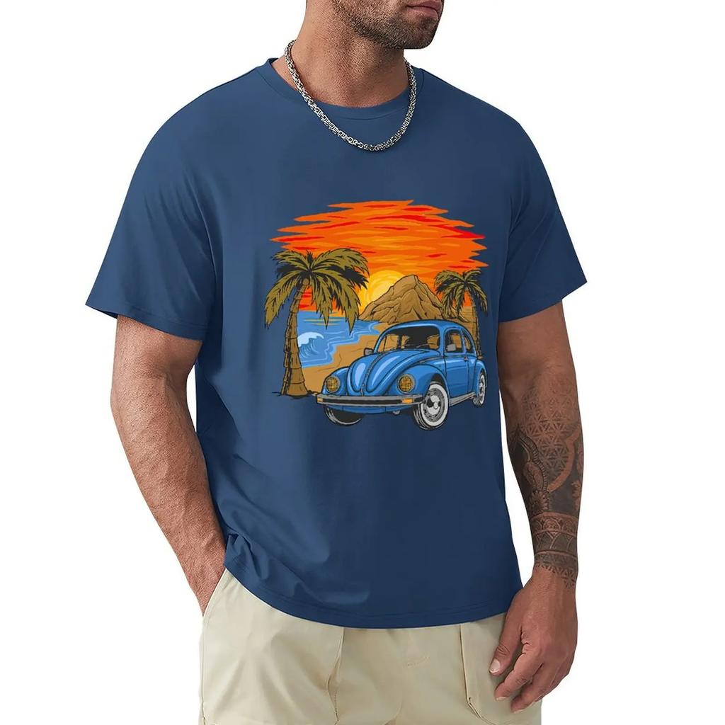 Holiday Vintage Car With Sunset In The Beach T Shirt Harajuku Short Sleeve T-shirt 100% Cotton Graphics Tshirt Tops