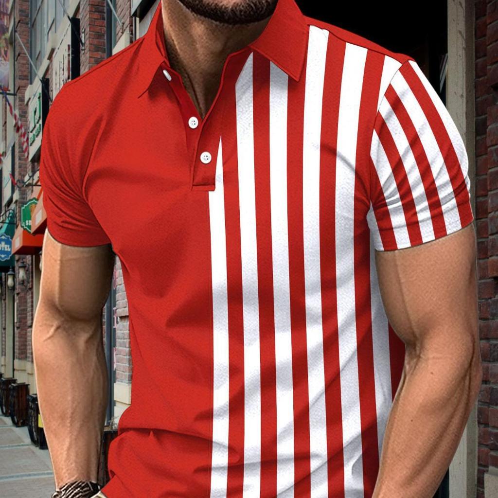 New Summer New Men's Short-sleeved Polo Shirt Striped Printed Lapel Polo Shirt Men's T-shirt Tops