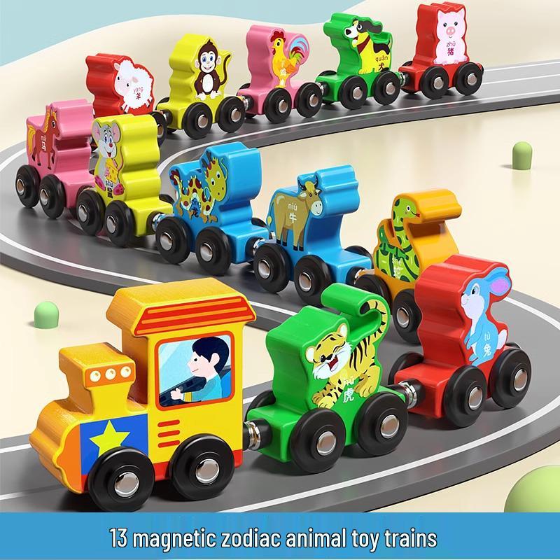 Wooden Montessori Puzzle: Magnetic Train with Numbers, Zodiac Signs, Letters & Fruits for Early Education and Brain Training