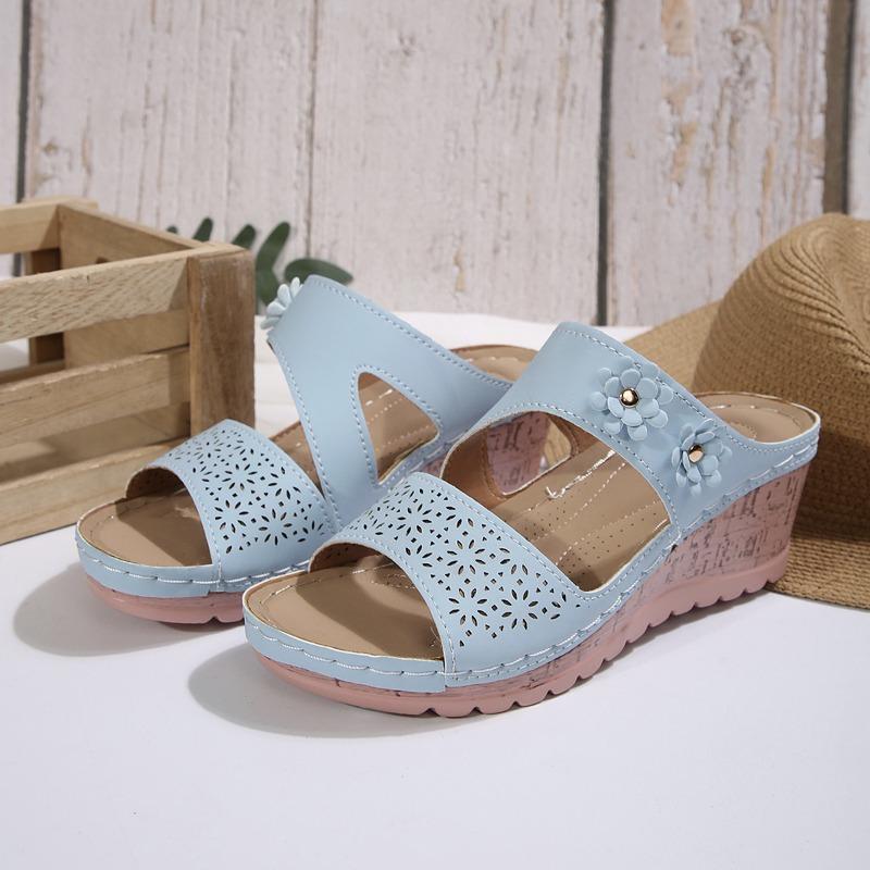 New women's sandals platform-soled wedges flower hollowed-out large-size sandals one-character cool slippers