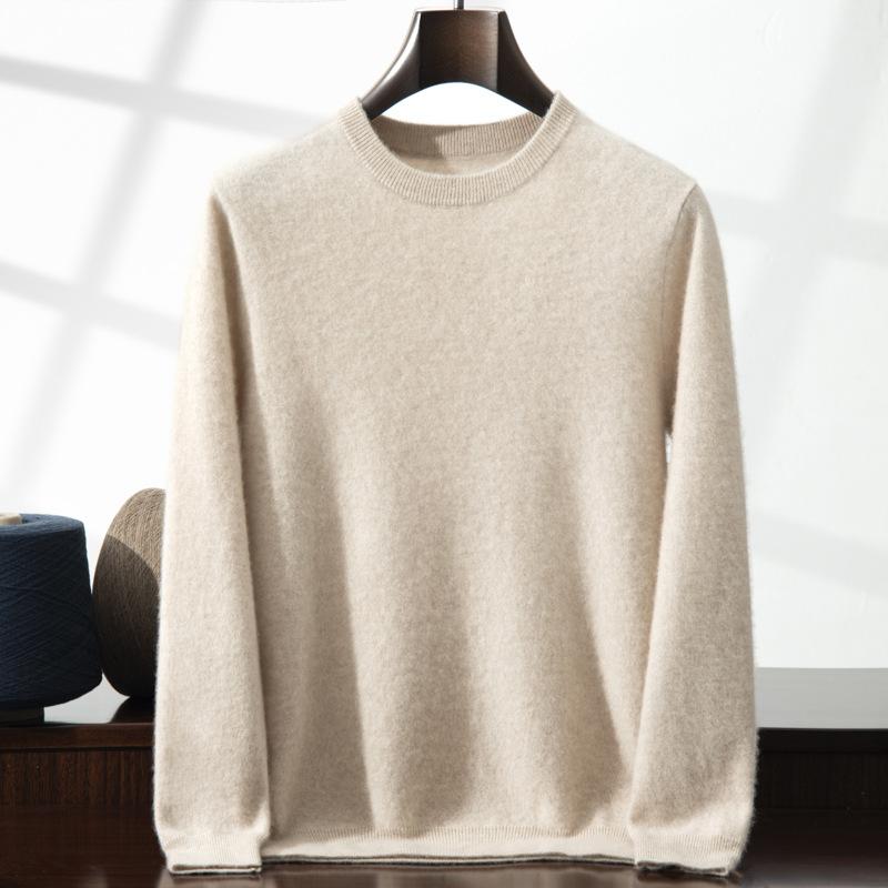 2025 new cashmere shirt men's round neck solid color pullover sweater with knitting inside