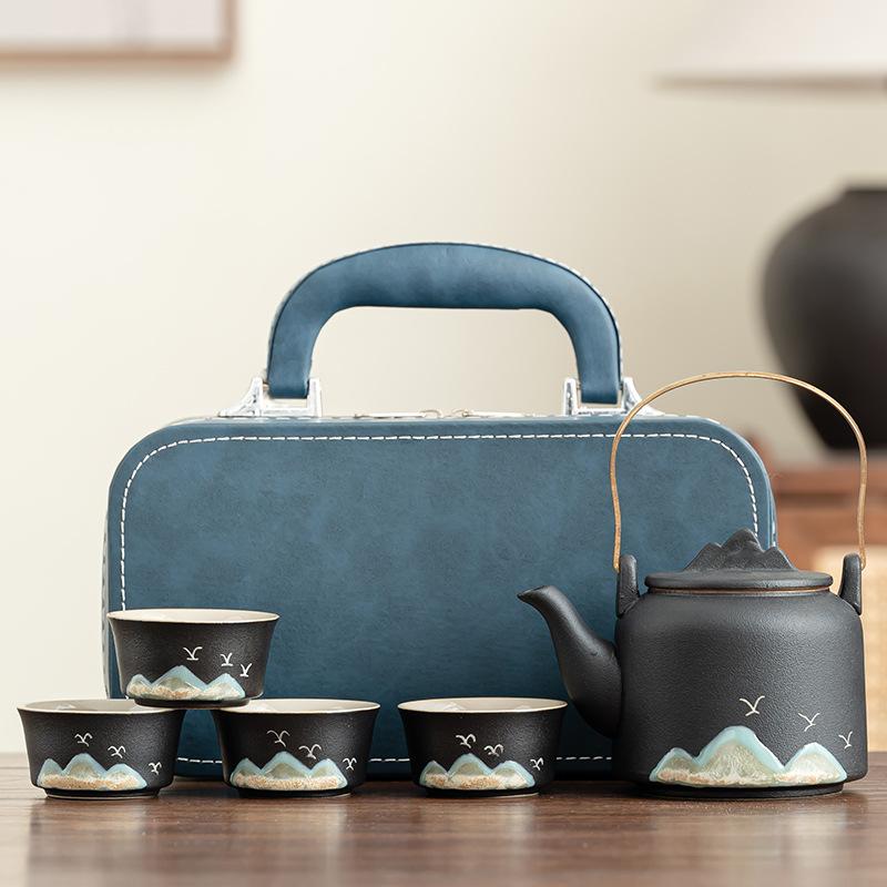 Light luxury leather bag coarse pottery Qingshan travel tea set Kung Fu business car express tea set