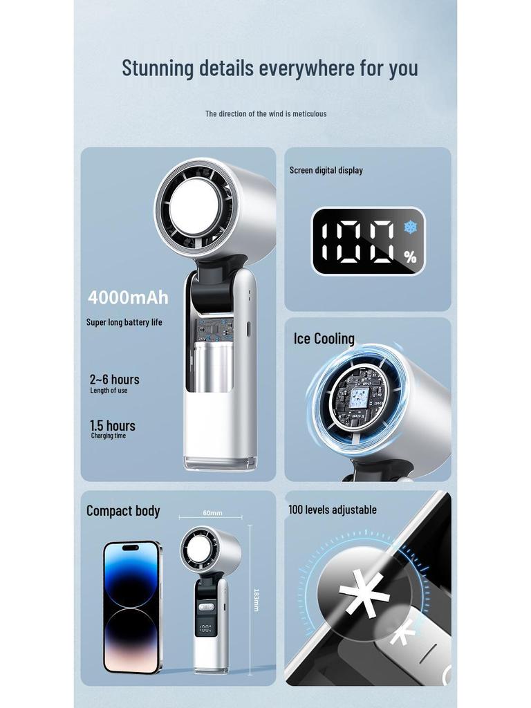 100-Speed Foldable Mini Handheld Fan with Ice Compress, LED, and Neck-Hanging Function