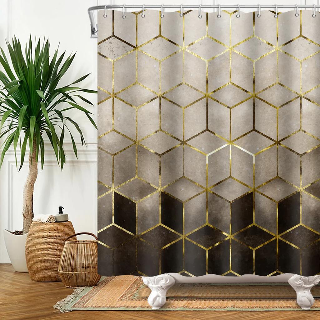 Geometric Shower Curtain Modern Abstract Brown Marble Luxury Gold Bronze Bathtub Screen Waterproof Bathroom Decor