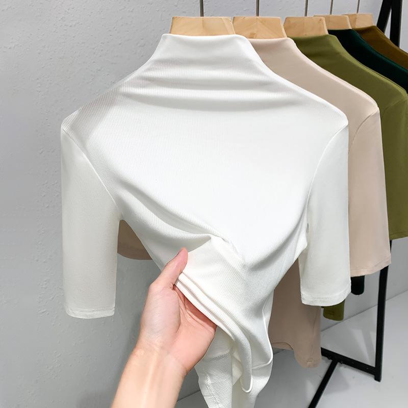 Thread Base Shirt for Women New Women's Clothing, Semi-high Neck Solid Color T-shirt, Temperament, Five-point Sleeve Top