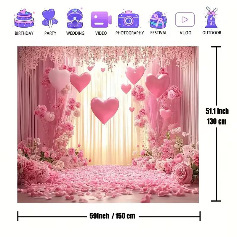2D Romantic Pink Backdrop Heart Balloon & Floral Party Background Banner