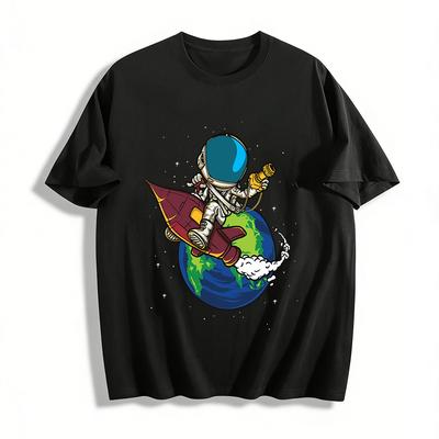 Astronaut Surfing On Rocket Around Earth Graphic Casual T-shirt Pure Cotton T-shirt