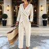 Women's Casual Color V-Neck Long Sleeve Top and Wide Leg Pants Two-Piece Outfit Set