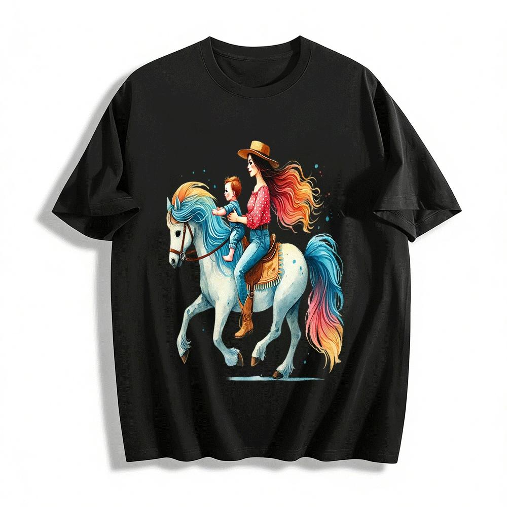 Mom And Baby Horse Riding Print Casual Vacation T-Shirt Pure cotton T-shirt XXS
