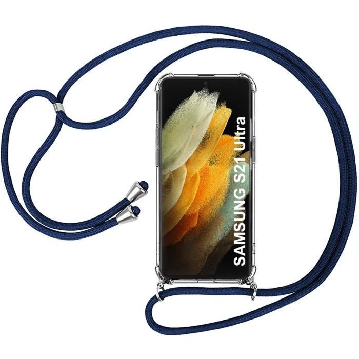 Coque - Samsung - S21 Ultra - Souple - Anti-Rayure - Transparente avec Bandoulière Bleu Marine