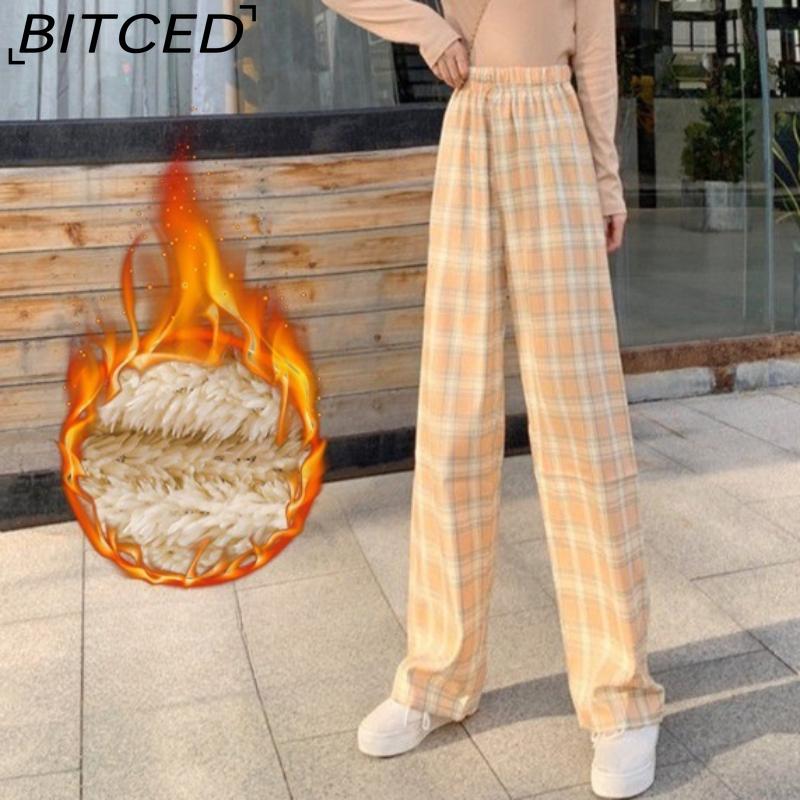 

BITCED Fleece-Lined Check Trousers for Women Autumn/Winter Thickened High-Waisted Slimming Straight-Leg Trousers Casual Wide-Leg Trousers with Drape One size