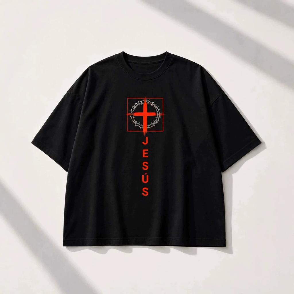 Aith-Based Streetwear Black Oversized T-Shirt Women Crown Of Thorns Jesus Cross Graphic Tee Dark Aesthetic Loose Fit Short Sleeve Top