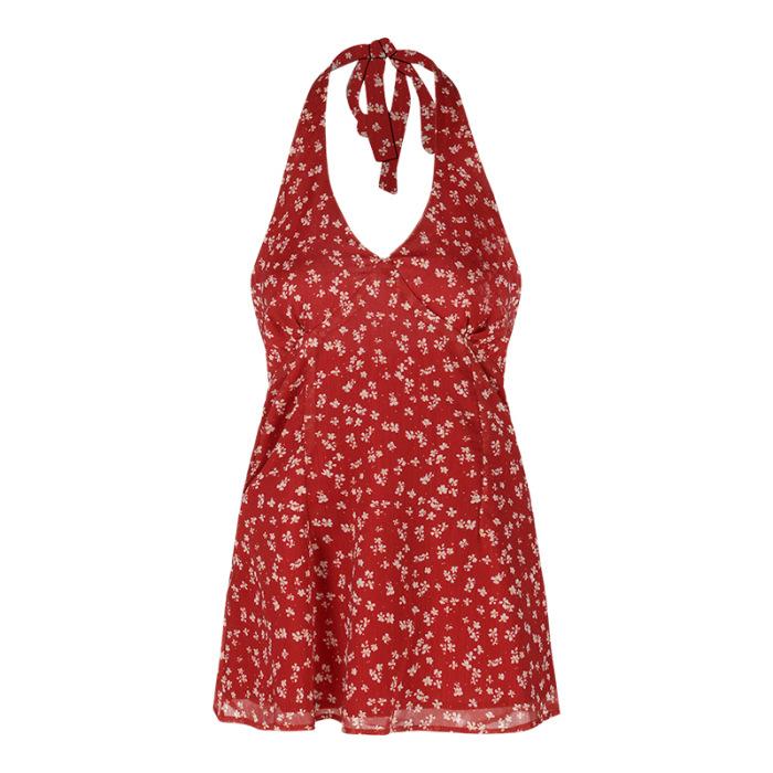 Red floral backless v-neck neck dress women's summer slim chiffon skirt design waist a-word short skirt