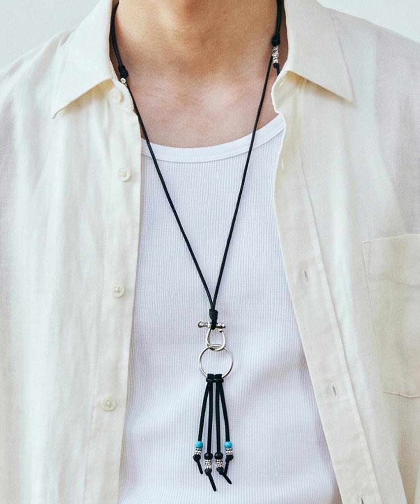 Knd Turquoise & Leather Cord Bead Necklace Black