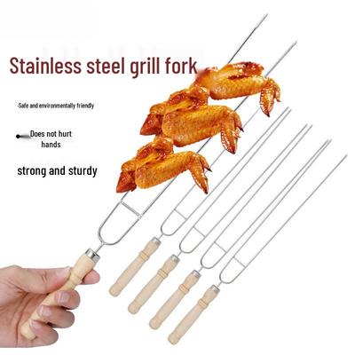 Stainless Steel U-Shaped BBQ Fork with Wooden Handle for Roasting Meat and Chicken Wings