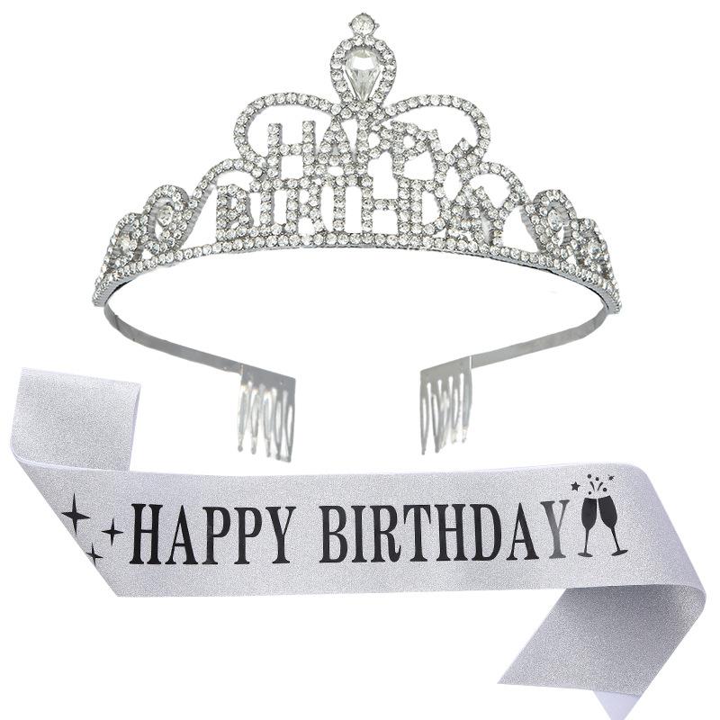 Happy Birthday Party Crown Hair Band Crystal Headwear Hair Accessory Gold Onion Cloth Belt Sash