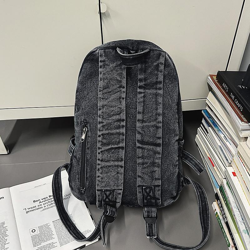 Vintage Solid Color Denim Backpack Large Capacity Travel Backpack Middle School Student Schoolbag